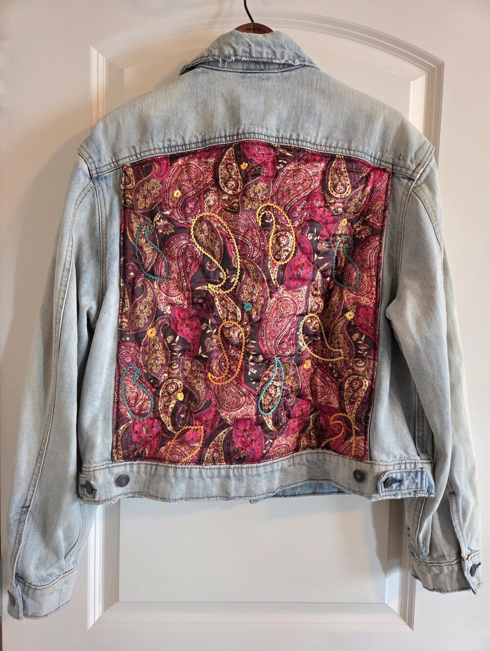Free People Paisley Quilted Denim Jacket Oversized Boho Light Wash Trucker XS/S